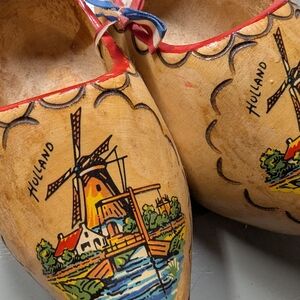Bought in Holland,  Wooden Clogs with Windmill Design, small size for decoration